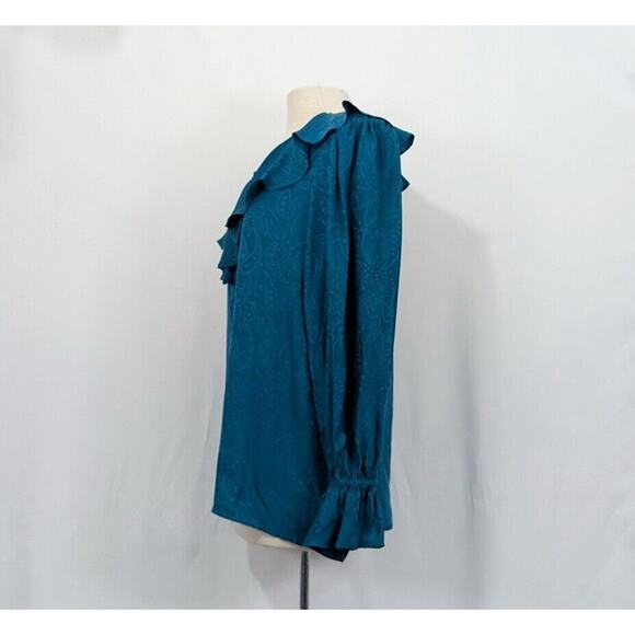 Vintage 90s Blouse Teal Green Silk Paisley Ruffle Top Shirt Misses Size M New - Picture 3 of 9